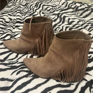 Candies tan faux suede ankle boots with fringe.